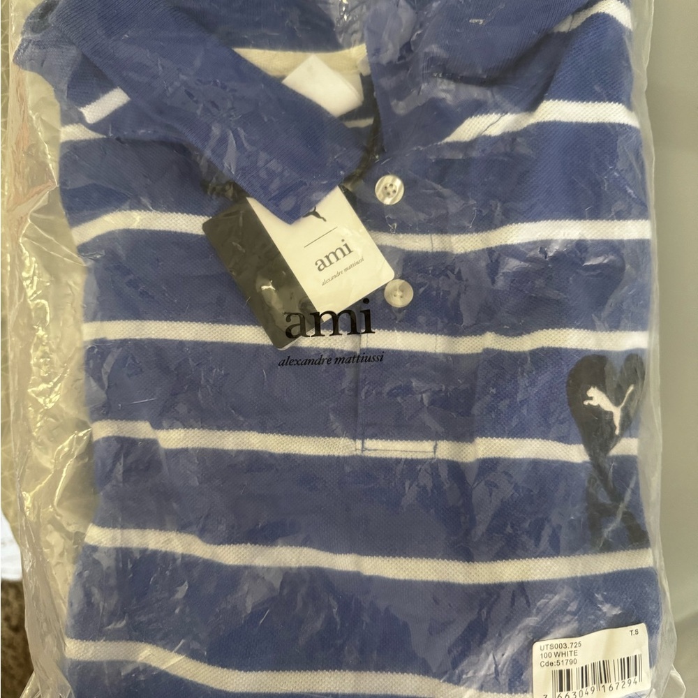NWT Authentic AMI Paris x Puma Blue and White Striped Polo Shirt size XXL